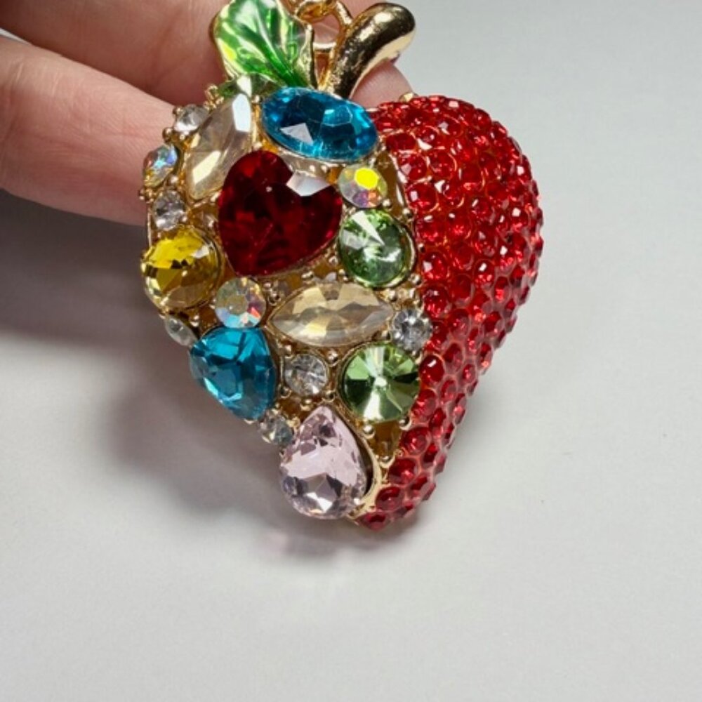 Jewelry Strawberry Keychain Bag Charm Red Rhinestone Multicolored Crystal Bling